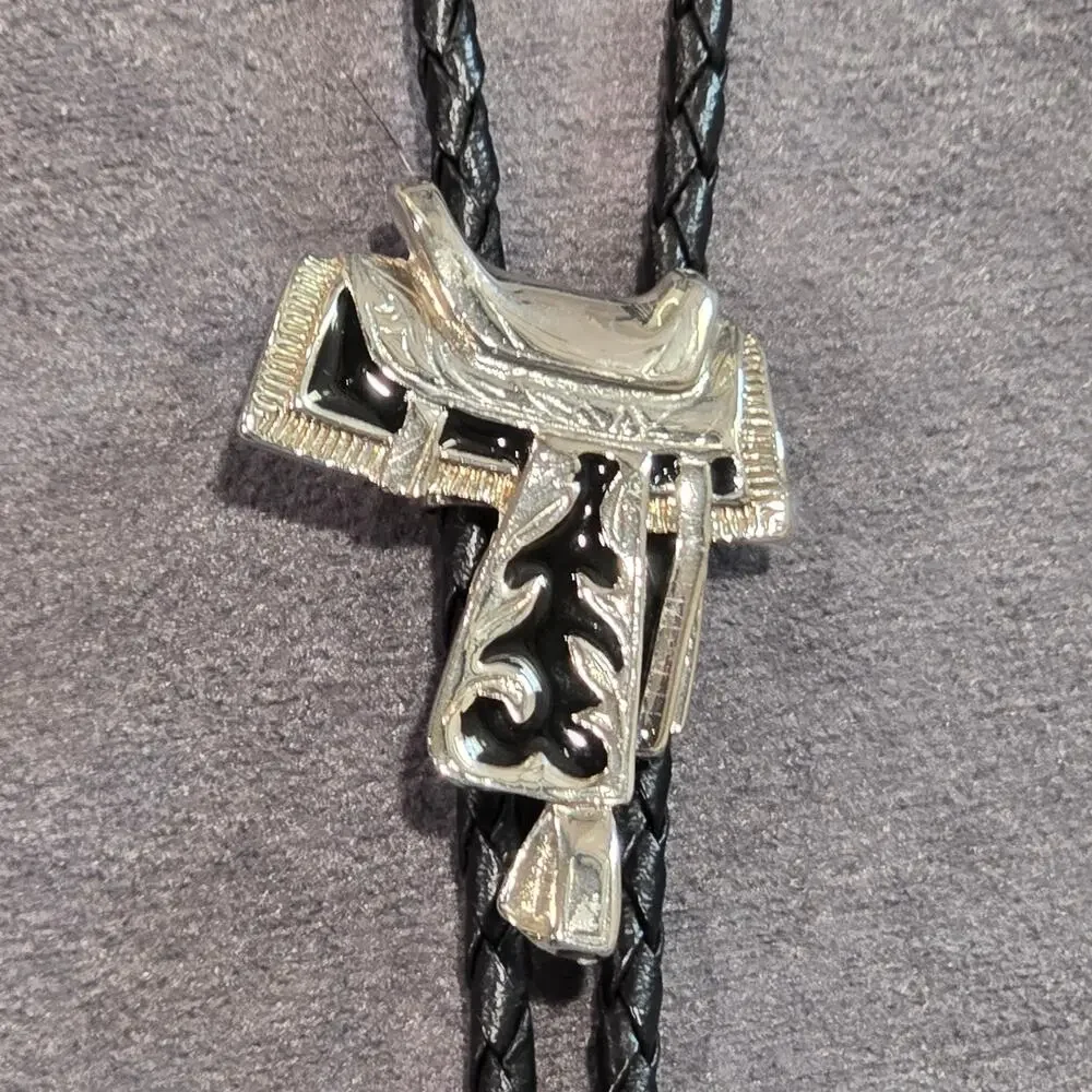 Old Country Western Silver & Black Saddle Leather Bolo Neck Tie Made In USA